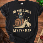 Black t-shirt with knight mouse riding a snail, reading "My Noble Steed Ate The Map".