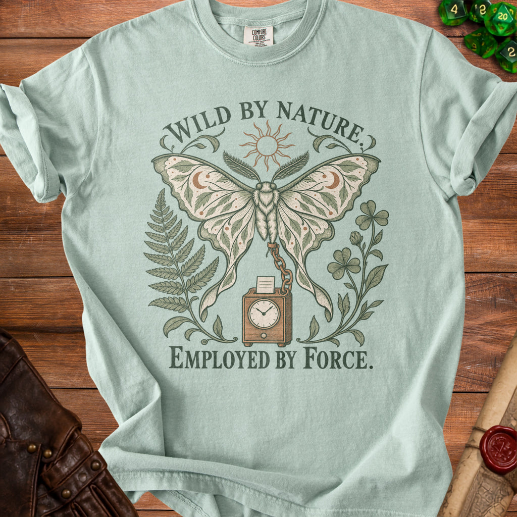 Light blue t-shirt with moth graphic and text "WILD BY NATURE. EMPLOYED BY FORCE."