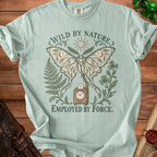 Light blue t-shirt with moth graphic and text "WILD BY NATURE. EMPLOYED BY FORCE."