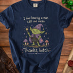 Navy t-shirt with a green goblin wearing a witch hat and holding a wand, with text.