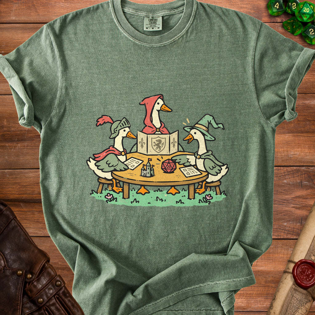 Three cartoon ducks in fantasy attire play a tabletop role-playing game.