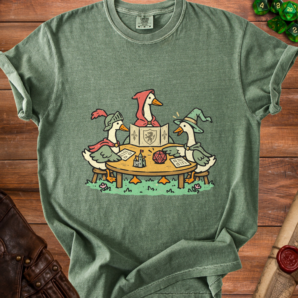 Three cartoon ducks in fantasy attire play a tabletop role-playing game.