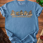 Blue t-shirt with goblins doing administrative duties, "loot," and "denied" stamps.