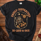 Black t-shirt featuring a distressed shield with a cat and dice, reading "Easily Distracted By Cats & Dice".