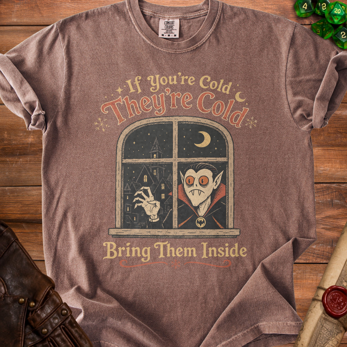 T-shirt with vintage vampire artwork and text "If you're Cold They're Cold Bring Them Inside".