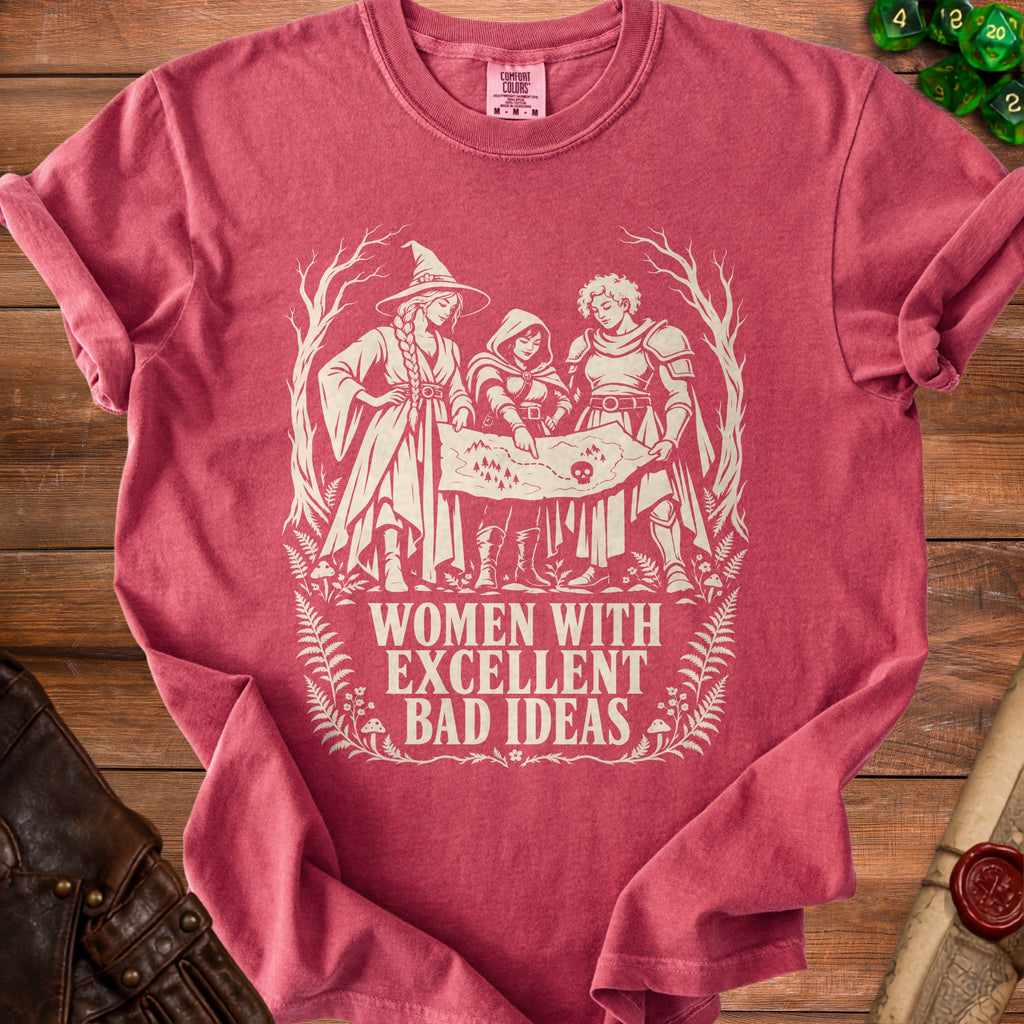 Crimson t-shirt with three women looking at a map, "Women With Excellent Bad Ideas" text.