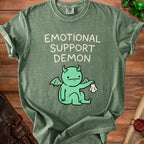 Green t-shirt with "EMOTIONAL SUPPORT DEMON" text and a cartoon demon holding a tissue.