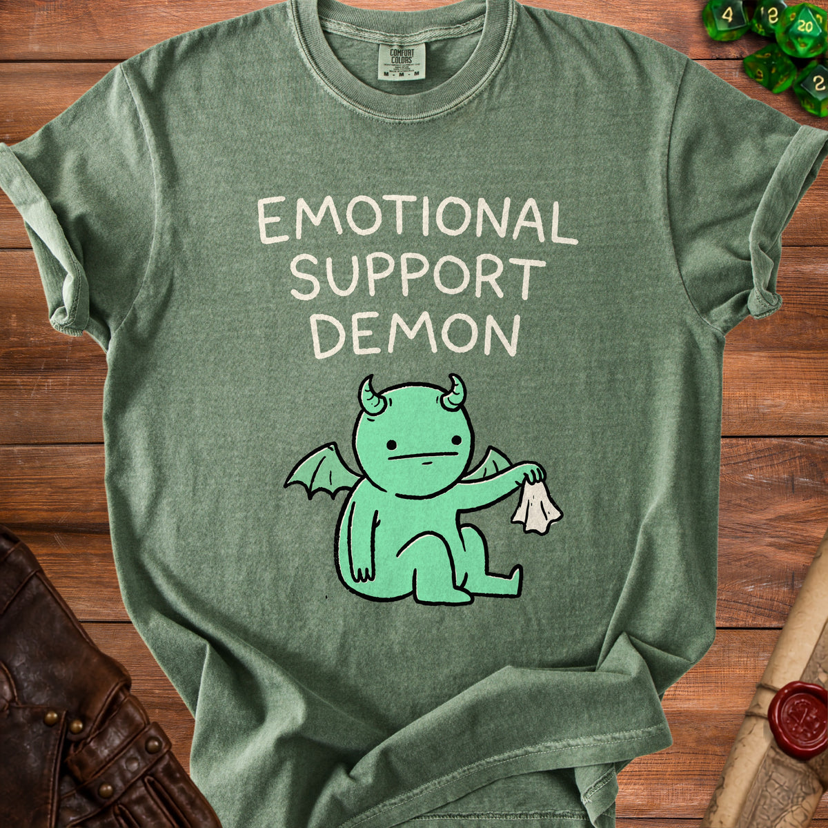 Green t-shirt with "EMOTIONAL SUPPORT DEMON" text and a cartoon demon holding a tissue.