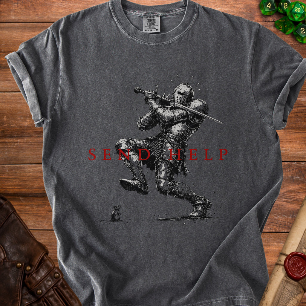 Dark grey t-shirt with a knight illustration and "SEND HELP" text.