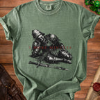 T-shirt with a resting skeleton knight and sword graphic, text "5 MORE MINUTES".