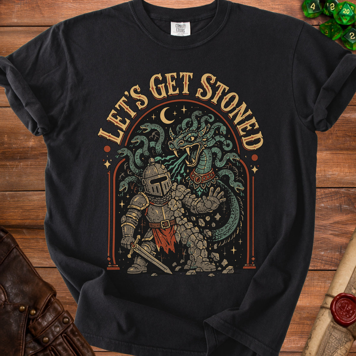 Black t-shirt with knights and medusa graphic and text "LET'S GET STONED".