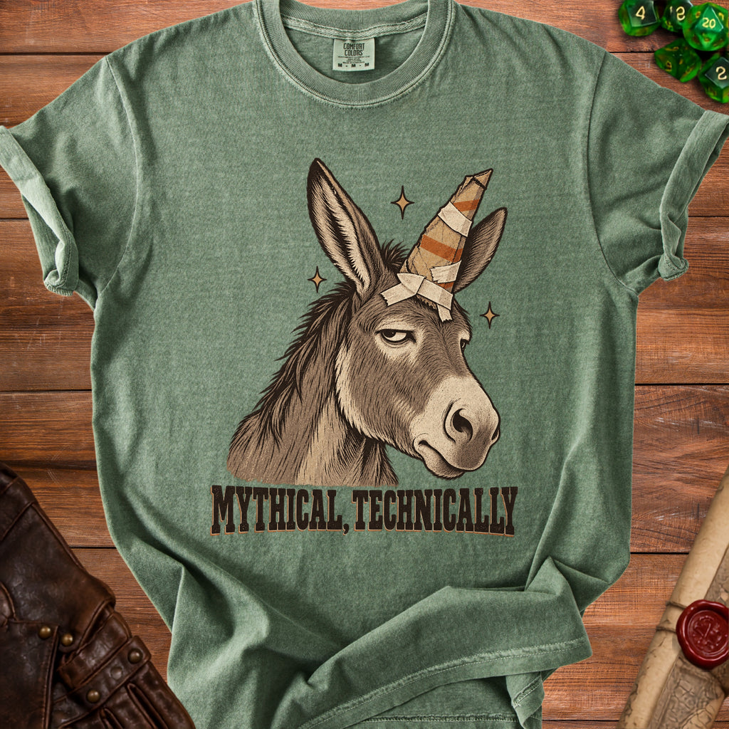Donkey with a bandaged unicorn horn and text "MYTHICAL, TECHNICALLY."