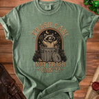 Green t-shirt with raccoon in trash can graphic and text "Trash Can! Not Trash Can't!".