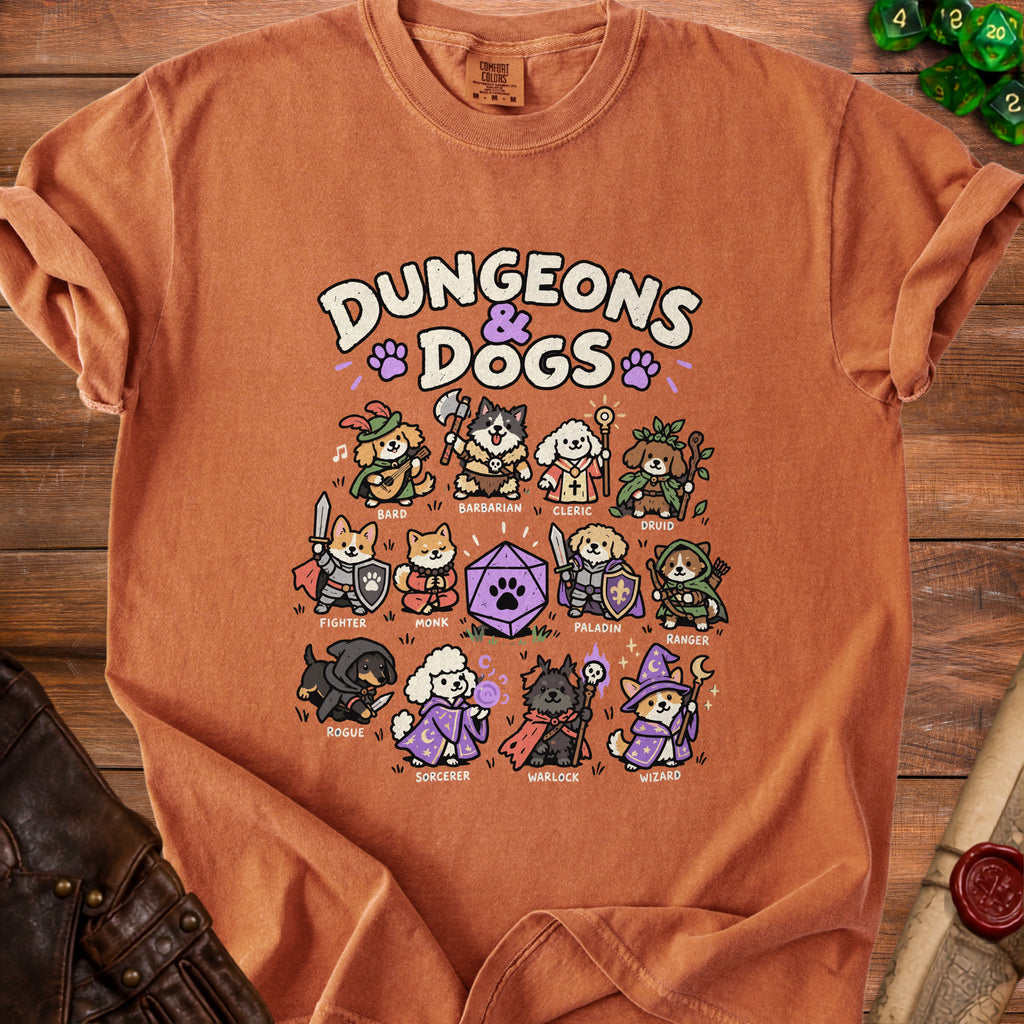 Orange t-shirt with "Dungeons & Dogs" graphic featuring dogs as fantasy characters.