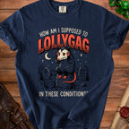 Navy t-shirt with "How Am I Supposed to Lollygag in These Conditions" and a possum.