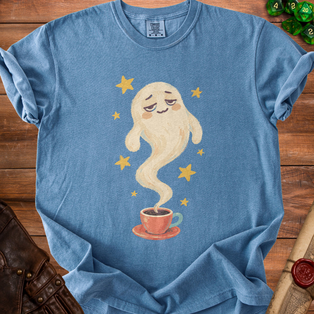 Blue t-shirt with a watercolor ghost holding a steaming coffee cup and yellow stars.