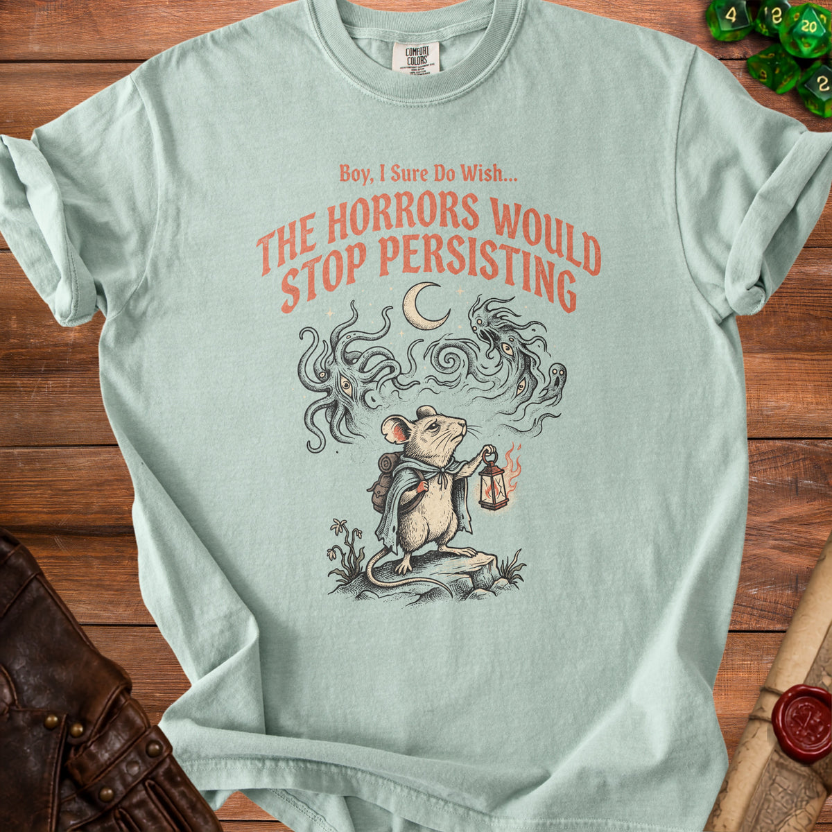 T-shirt with a mouse holding a lantern, "The Horrors Would Stop Persisting" text.