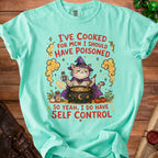 Cat witch brewing poison with text "I've cooked for men I should have poisoned."