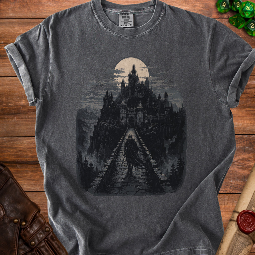 Dark t-shirt with a gothic castle and knight illustration under a moonlit sky.