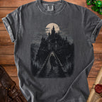 Dark t-shirt with a gothic castle and knight illustration under a moonlit sky.