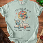 Light blue t-shirt with illustration of owl reading book, d20 die, and text "There are 20 sides to every story".