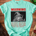Aqua t-shirt with "WARNING" and a wizard holding an "I'M FINE" mug.
