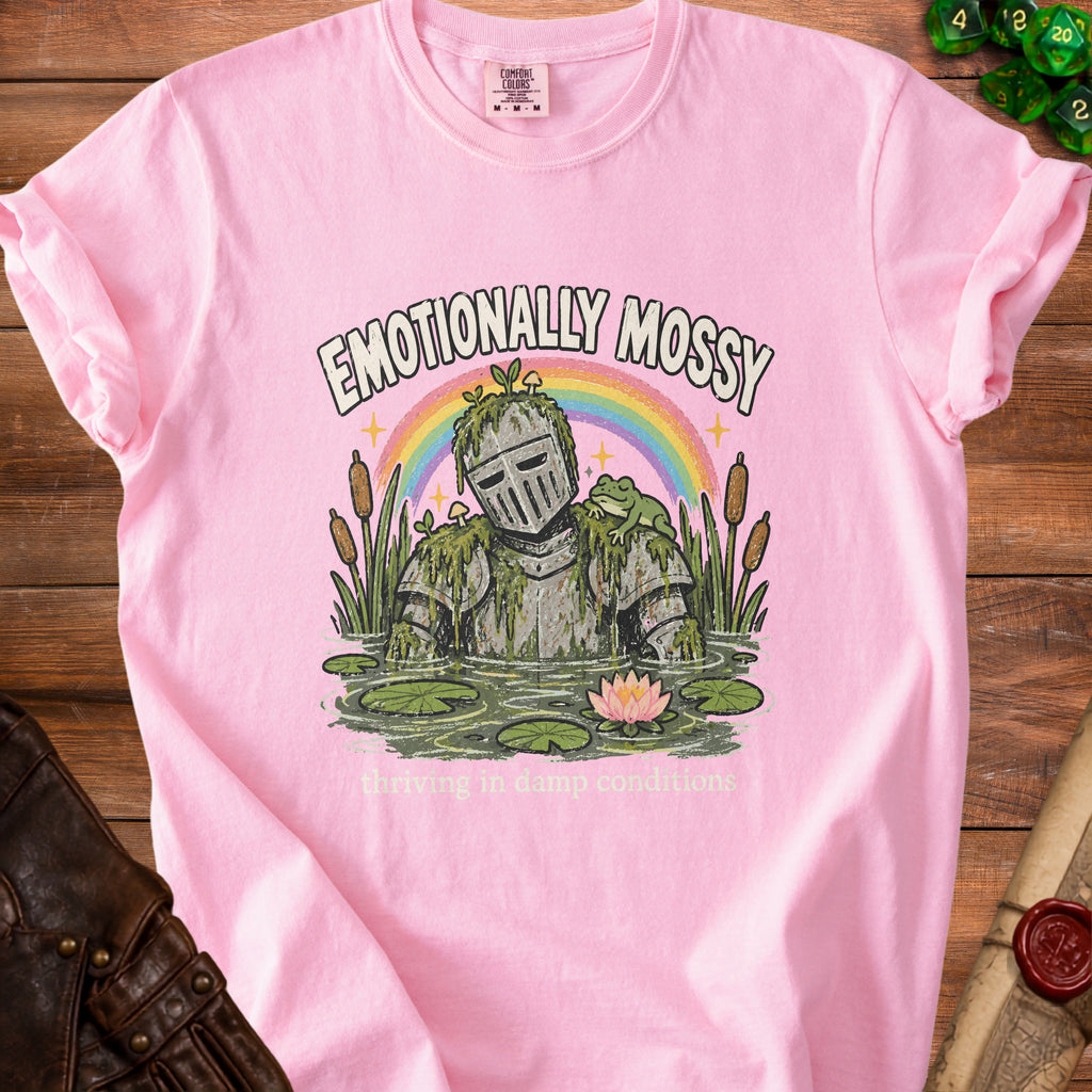 Pink t-shirt with a knight in mossy armor, frog, and rainbow graphic.