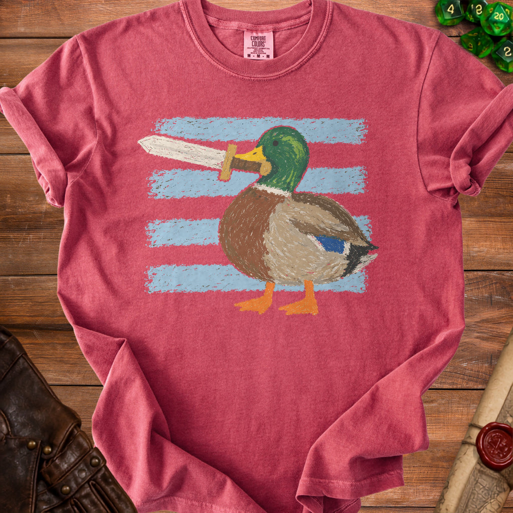Mallard duck with a sword, in front of blue stripes, on a pink t-shirt.