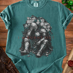 T-shirt featuring a knight slumped against a stone wall with "I'M BURNT OUT" text.