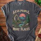 Dark grey t-shirt with graphic reading "LESS PEOPLE MORE PLACES" and a scenic landscape.