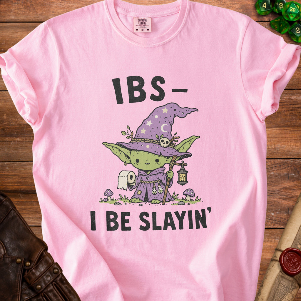 Pink t-shirt with a cartoon witch holding toilet paper and the text "IBS- I BE SLAYIN'".