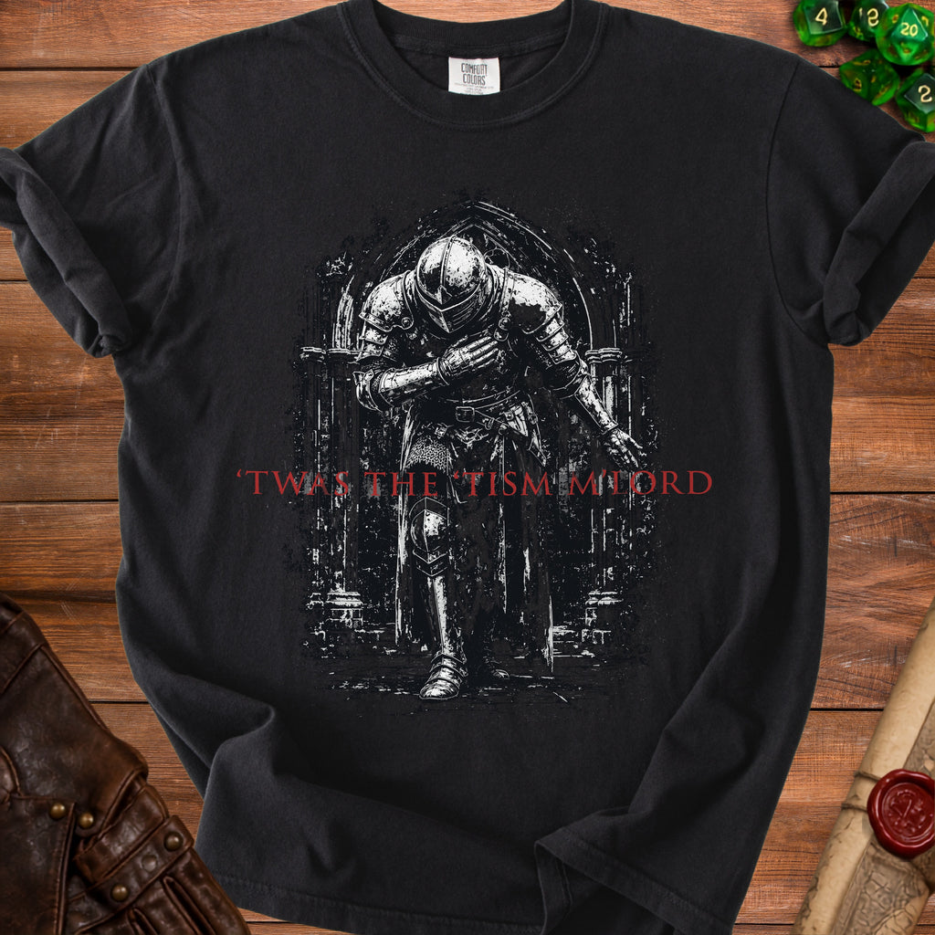 Black t-shirt with knight graphic and text: 'TWAS THE TISM MORD