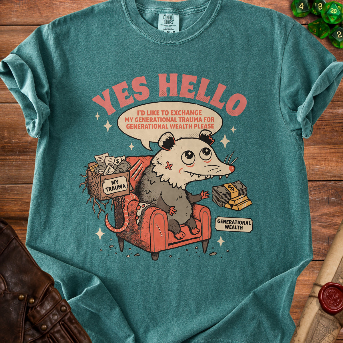 T-shirt graphic of a possum in a chair with the text "Yes Hello" and a speech bubble.