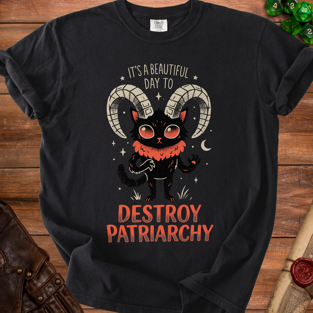 Black t-shirt with a cat wearing ram horns, text "DESTROY PATRIARCHY".