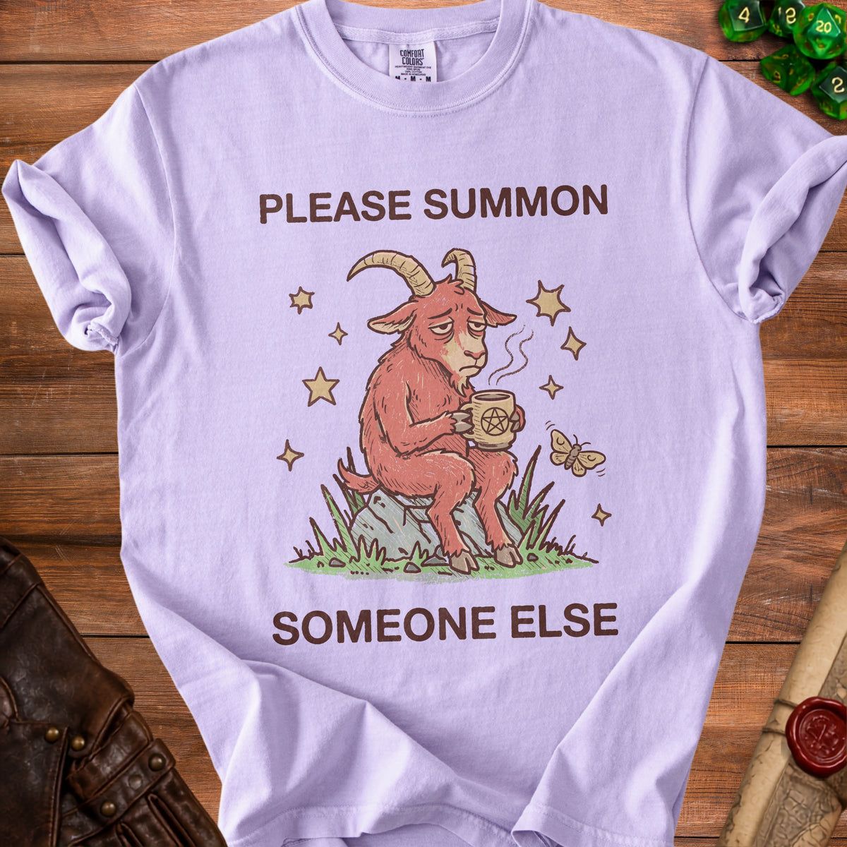 T-shirt with a tired goat holding a pentagram mug, text "PLEASE SUMMON SOMEONE ELSE".