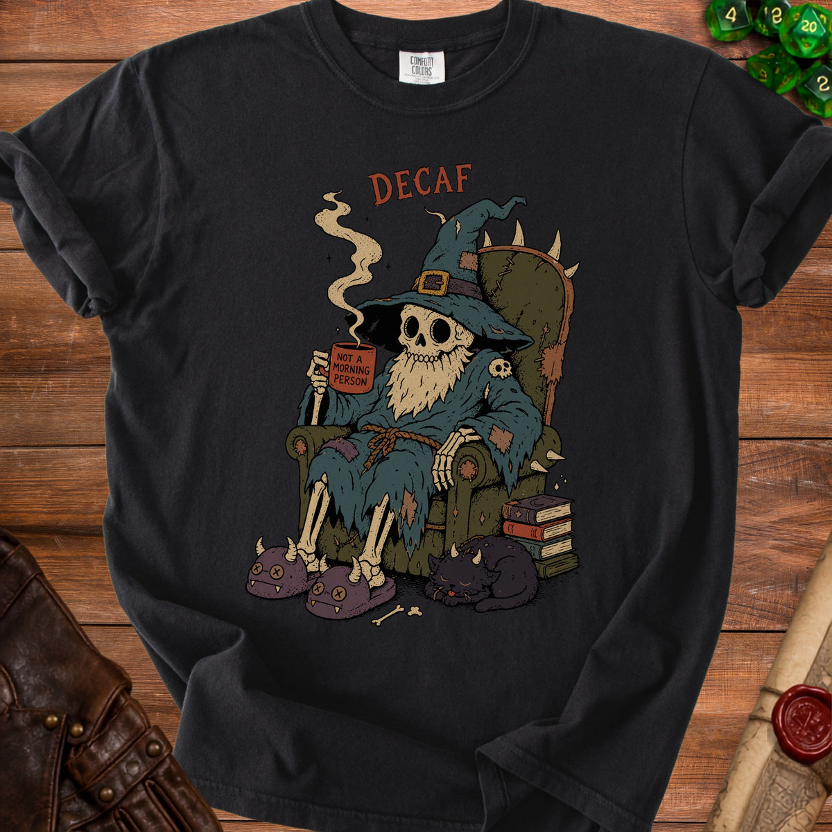 Skeleton wizard with "DECAF" and "NOT A MORNING PERSON" text, holding coffee.