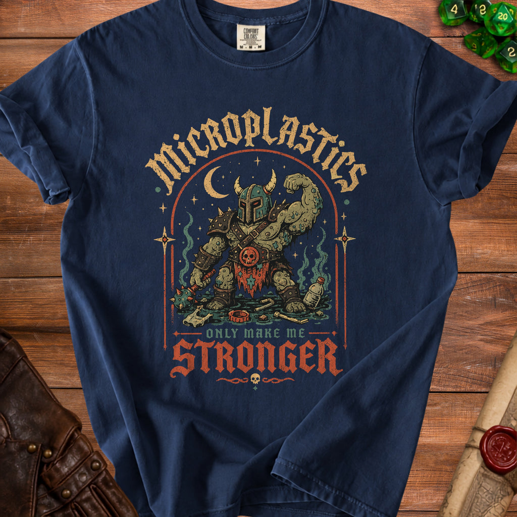 Dark blue t-shirt with graphic of a monstrous warrior and text "Microplastics Only Make Me Stronger."