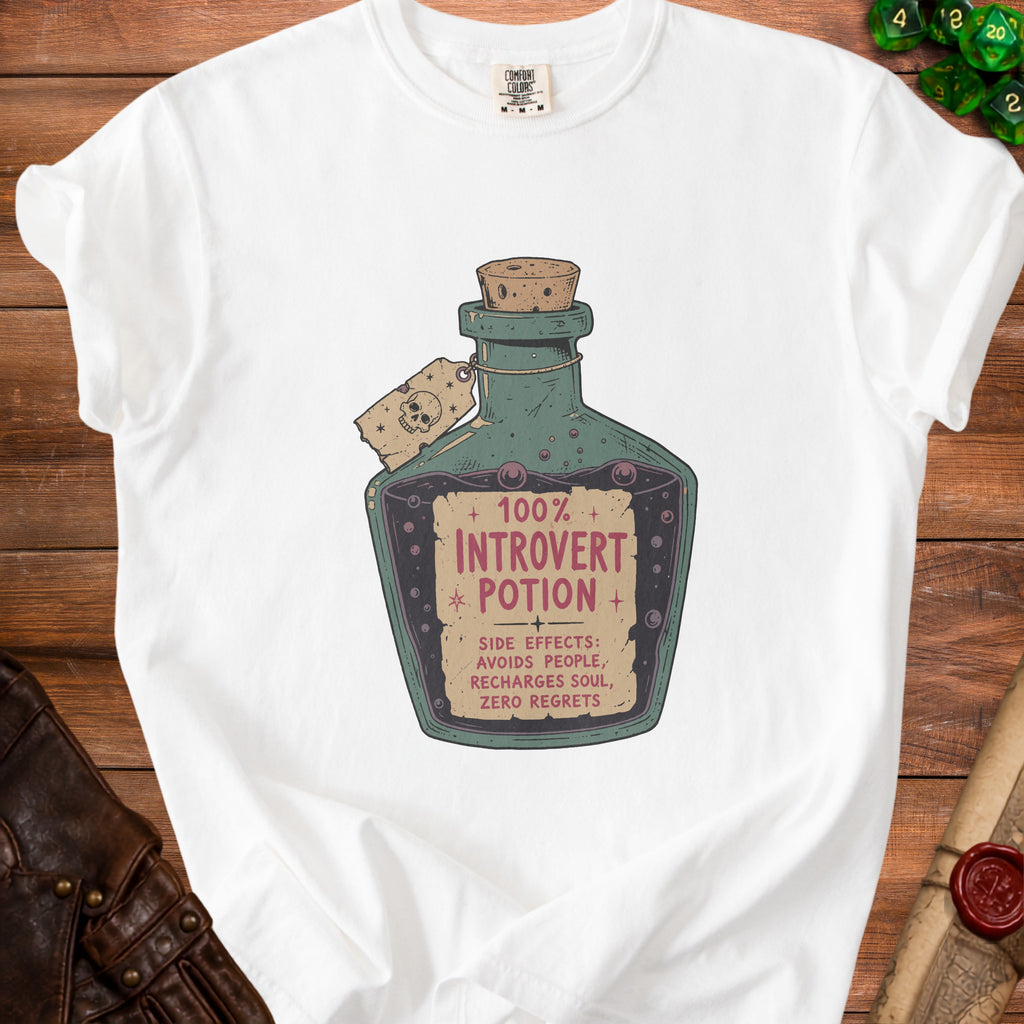 White t-shirt with "100% Introvert Potion" graphic and side effects listed.