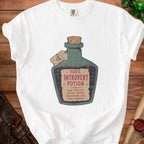 White t-shirt with "100% Introvert Potion" graphic and side effects listed.
