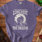 Purple t-shirt with dragon graphic and text "LONG REST do not disturb THE DRAGON".