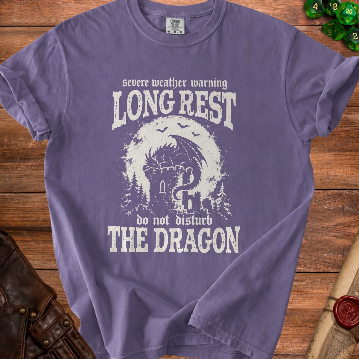 Purple t-shirt with dragon graphic and text "LONG REST do not disturb THE DRAGON".