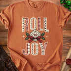 Orange t-shirt with "Roll Joy" text and a D20 die with holly and ribbon.