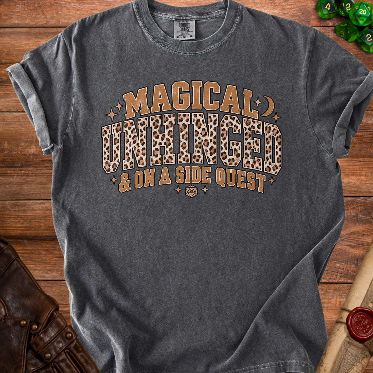 Charcoal t-shirt with "Magical & on a side quest" text and leopard print.