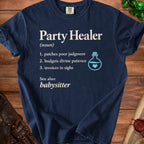 Navy t-shirt with "Party Healer" definition and potion graphic.