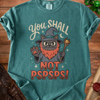 T-shirt with a wizard cat graphic and the text "You SHALL NOT PSPSPS!".