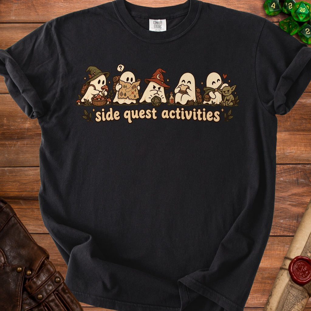Black t-shirt with ghosts holding a map, sandwich, and holding a goblin.