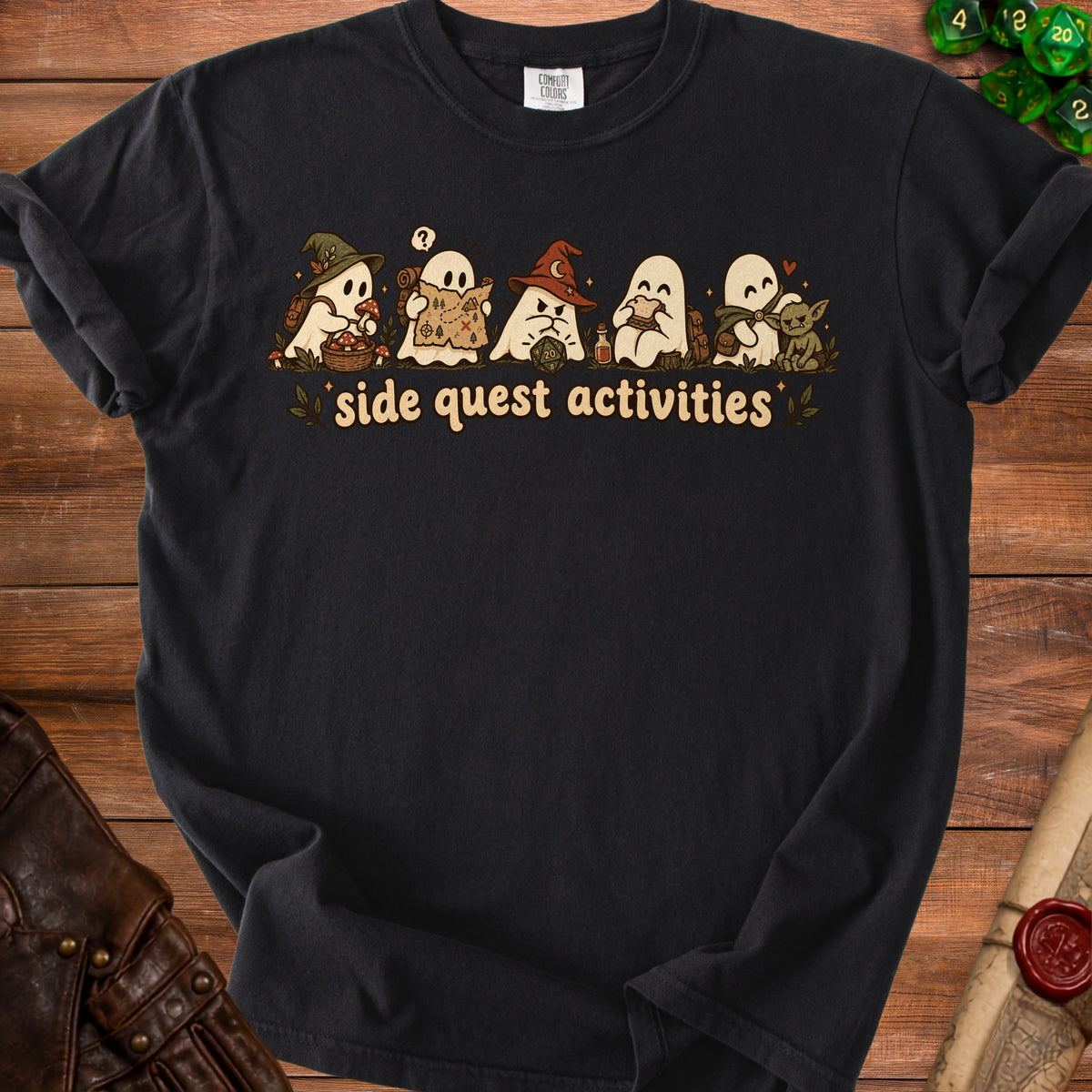 Black t-shirt with ghosts holding a map, sandwich, and holding a goblin.