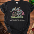 A black t-shirt features a fantasy roleplaying party illustration and the text, "May your party be kind and your loot be ridiculous."