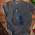 Dark grey t-shirt with wizard and crow in front of ruins graphic.