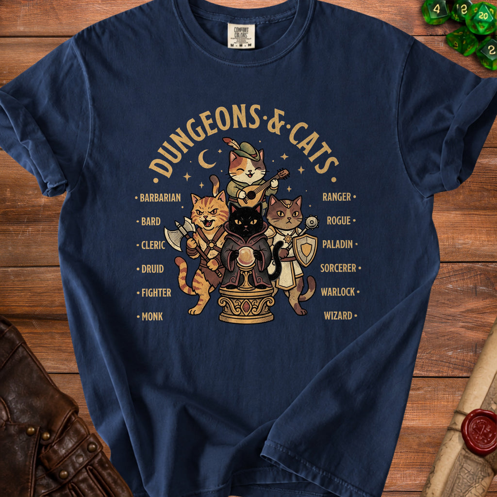 Navy t-shirt with "Dungeons & Cats" text and cats dressed as fantasy RPG characters.